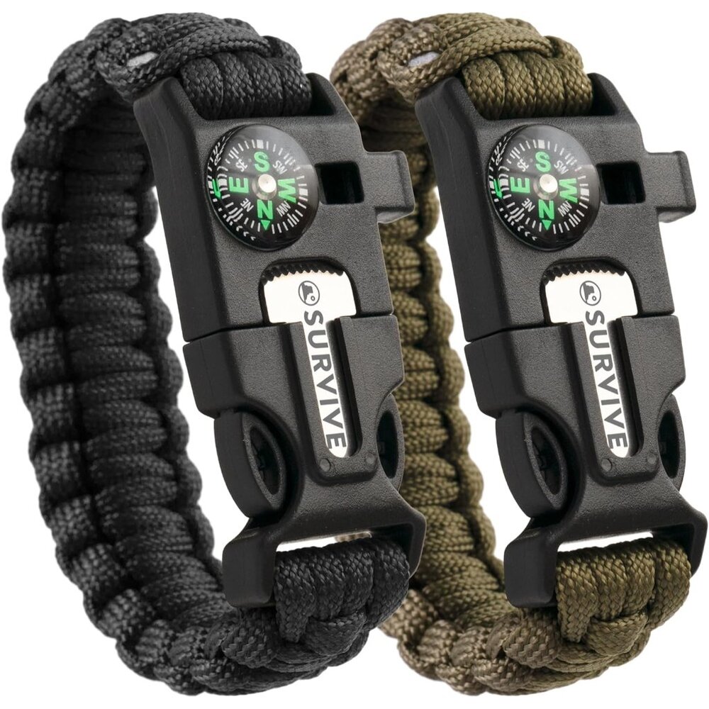 Paracord Bracelet, Pack of 2, Emergency Hiking Survival Kit Fire Starter Compass